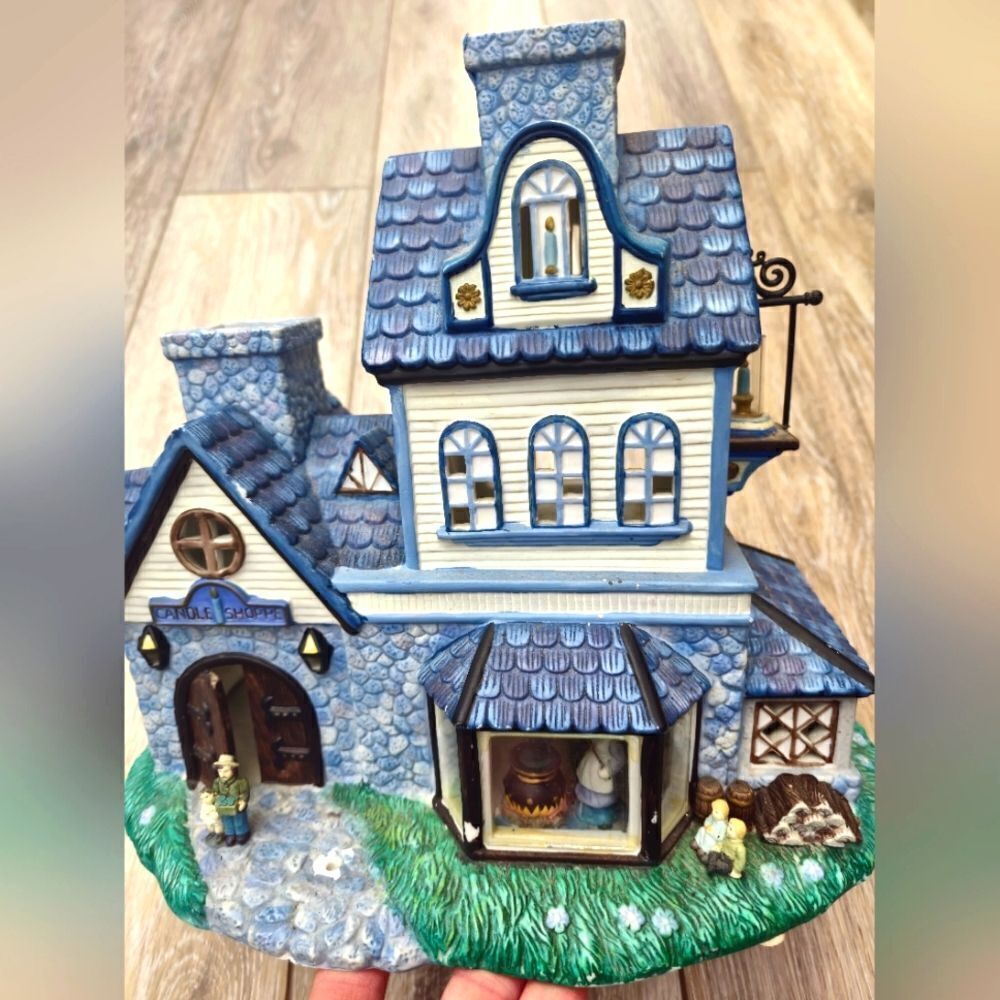 PartyLite Old World Village home tea light house Candle Shoppe blue white
